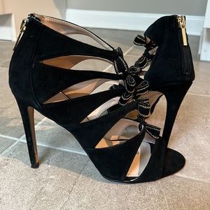 Victoria's Secret Black Suede Strappy High Heel Sandals with Gold Zipper